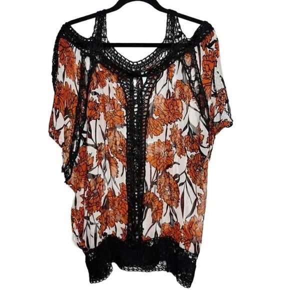 Jaloux SILK Cold Shoulder Floral Sheer Blouse Orange Black Size Medium - Picture 1 of 6